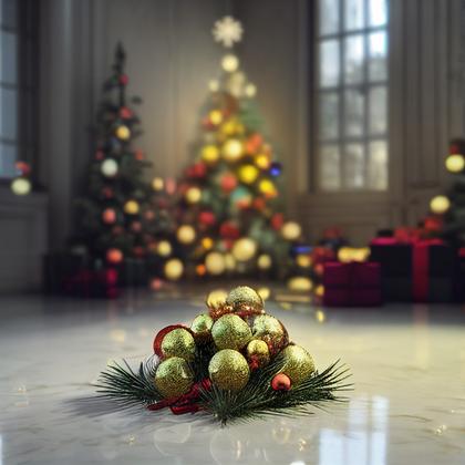 Christmas Tree with Ball Ornaments on Marble Floor