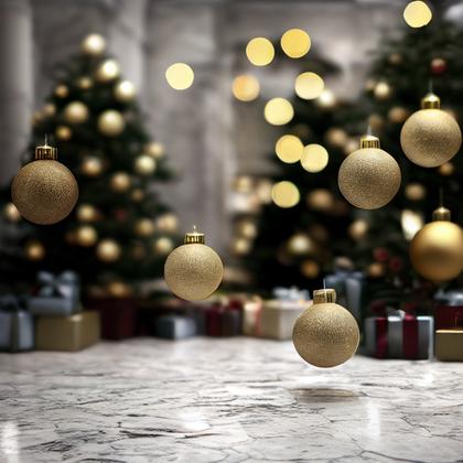 Christmas Tree with Ball Ornaments on Marble Floor