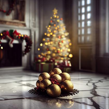 Golden Christmas Tree with Ball Ornaments on Marble Floor