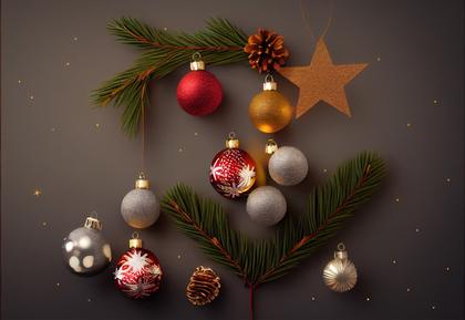 Christmas Balls and Fir Tree Branches Top View