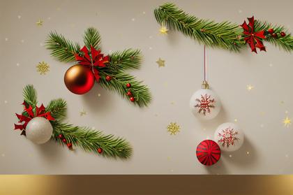 Christmas Balls and Fir Tree Branches Top View Image