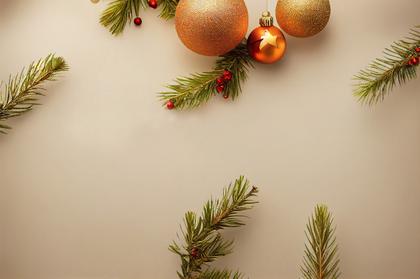 Golden Christmas Balls and Fir Tree Branches Top View