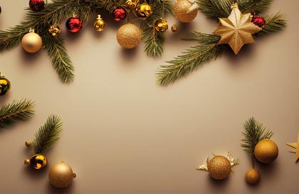 Gold and Red Christmas Balls and Fir Tree Branches Top View