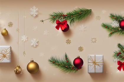 Gold and Red Christmas Balls and Fir Tree Branches Top View
