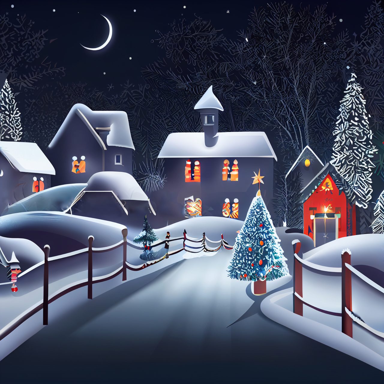 Snowy Village Night With Lit Christmas Trees Under Crescent Moon