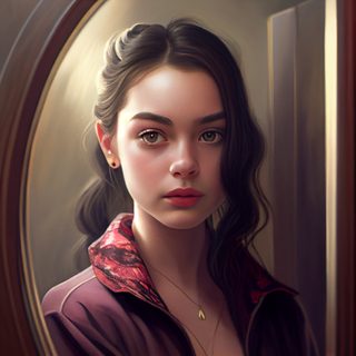 Young Woman Portrait In A Circular Mirror With Dark Hair