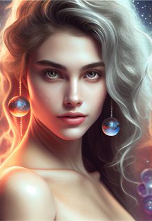 Cosmic Portrait of a Woman with White Hair and Planet Earrings