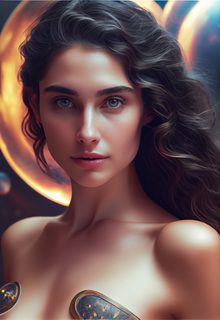 Portrait of a Dark-Haired Woman with Cosmic Orbs