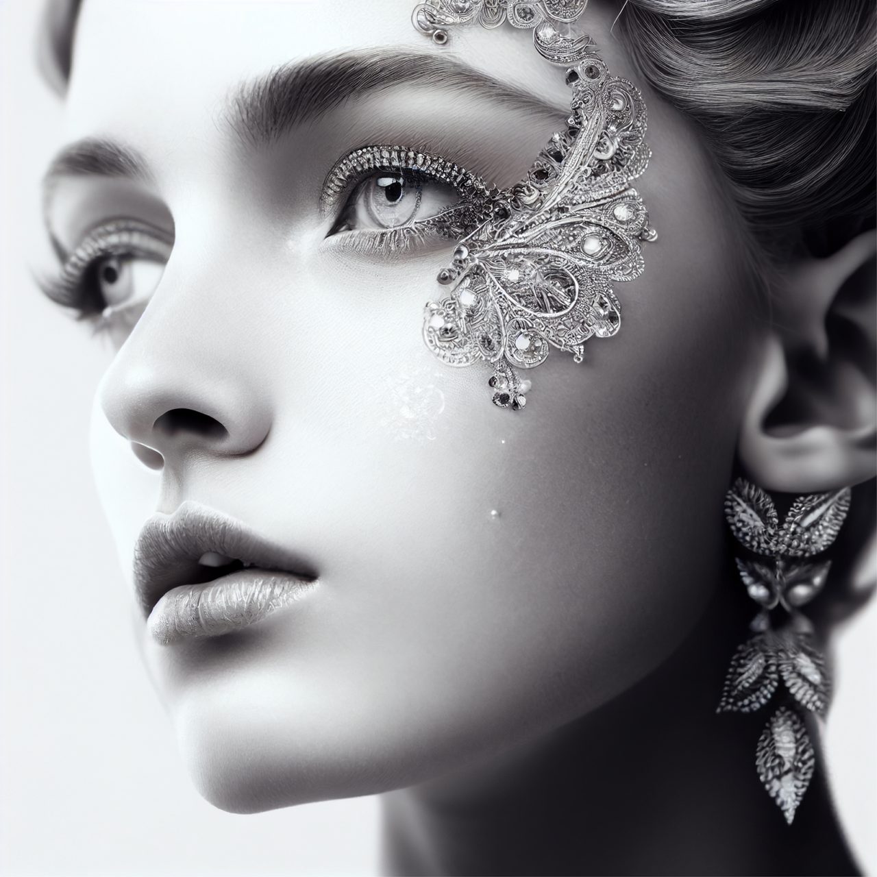 Woman Portrait With Ornate Silver Butterfly Eye Jewellery