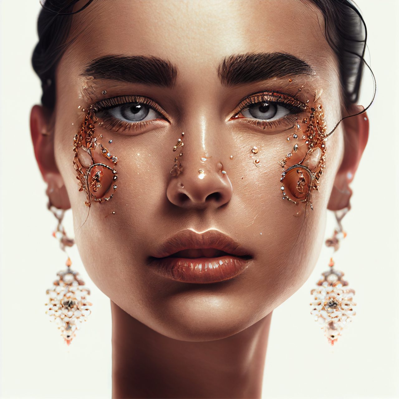 Woman Face Portrait with Gold Crystal Makeup and Earrings