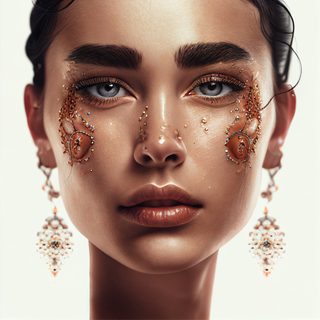 Woman Face Portrait with Gold Crystal Makeup and Earrings
