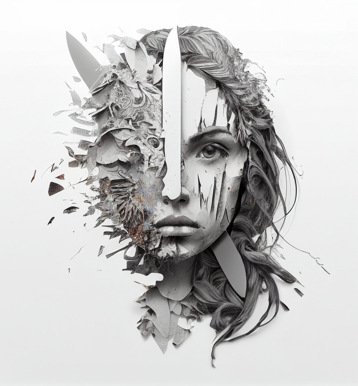 Surreal Female Portrait Split By A Vertical Knife Blade