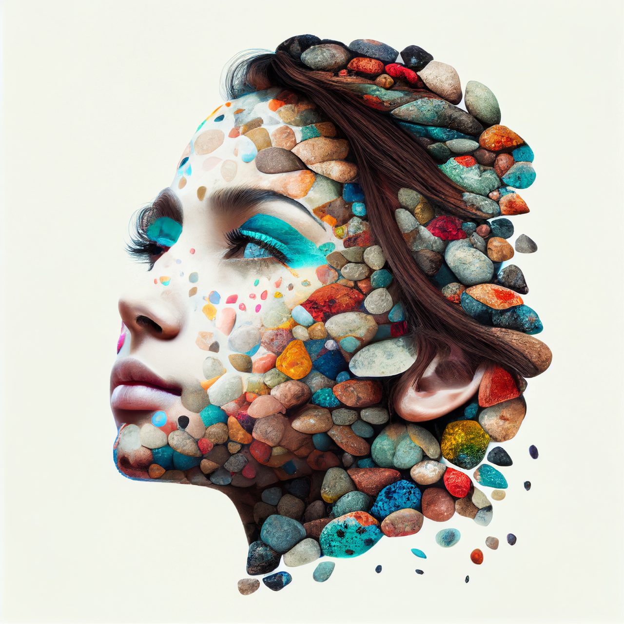 Woman Profile Mosaic with Multicolored Pebbles and Blue Eyes