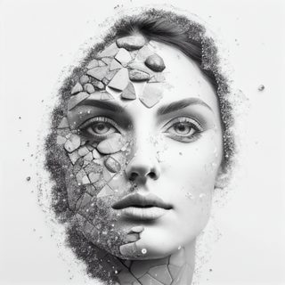 Woman Portrait with Partial Stone Fragmentation and Grayscale Textures