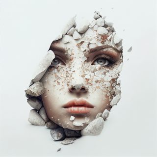 Surreal Face Emerging from Grey Pebbles and Stone Wall