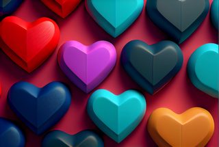 Vibrant Assortment Of Glossy Multi-Colored Heart Shapes On Red Background