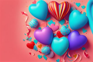 Heart Balloon Celebration with Floating Confetti on Pink Background