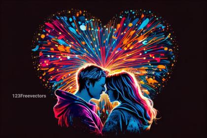 A Couple Cuddling in Front of a Heart Shaped Fireworks