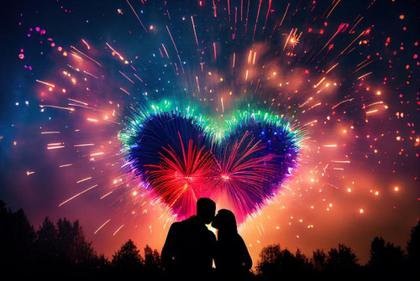 A Couple Cuddling in Front of a Heart Shaped Fireworks