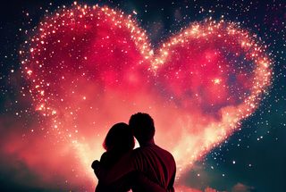 Silhouette of Couple Hugging Below Shimmering Red Firework Heart