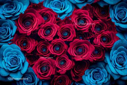 Red and Blue Rose Flowers Heart Shape Background