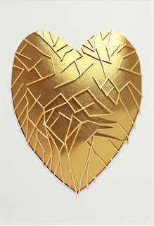 Geometric Fractured Heart Design in Metallic Gold Foil