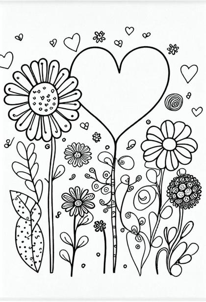 Flowers Valentines Day Kids Coloring Book Black Outline