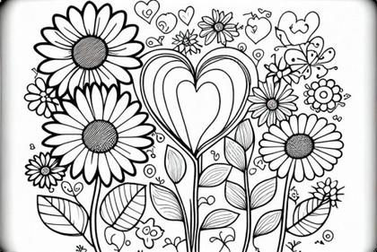 Flowers Valentines Day Kids Coloring Book Black Outline