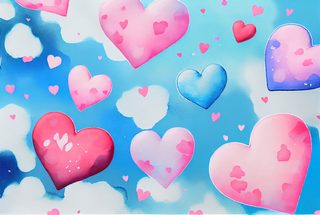 Floating Pink and Blue Watercolor Hearts on Cloudy Sky