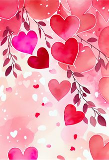 Watercolor Hearts With Decorative Foliage In Soft Pink Shades