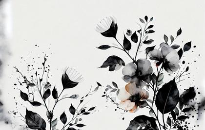 Watercolor Black Flower on Grey Background
