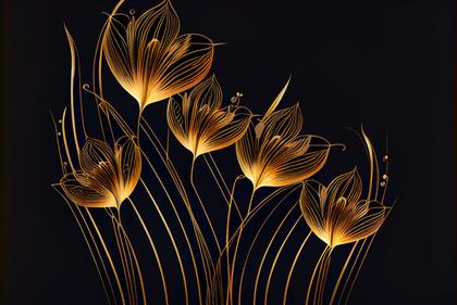 Gold Line Art Flower on Black Background Image