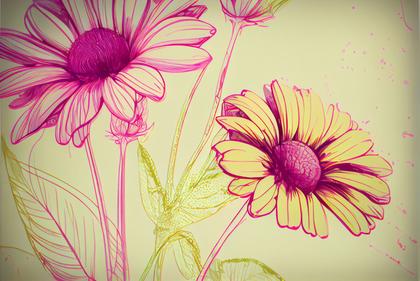 Line Art Pink and Yellow Flower Background