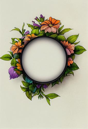 Watercolor Spring Flower Circle Frame with Green Leaves Image