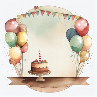 Watercolor Birthday Celebration Background with Cake and Balloons
