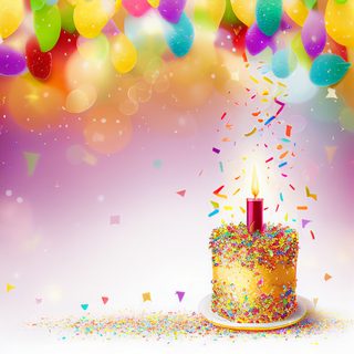 Lit Candle Birthday Cake With Floating Balloons And Confetti