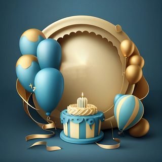 Blue and Gold Birthday Background with Cake and Balloons