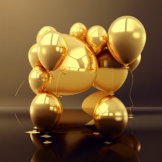 Polished Metallic Gold Balloon Cluster On Reflective Dark Surface