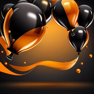 Glossy Black and Orange Balloons with Curving Ribbon Accents