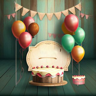 Rustic Teal Wooden Background with Cake and Colorful Balloons