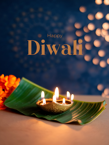 Minimalist Happy Diwali Poster with Diya and Fireworks
