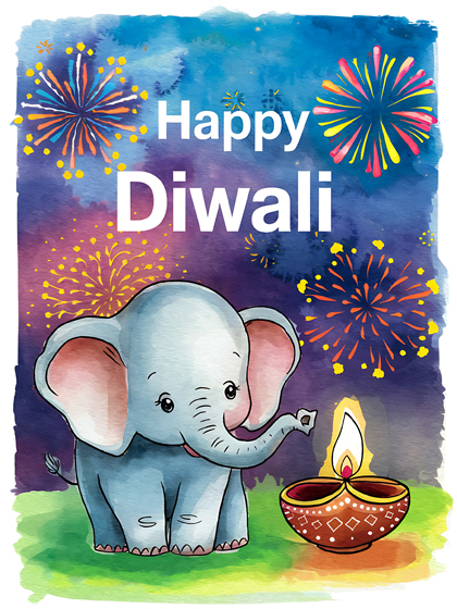 Happy Diwali Greeting Card with Elephant and Diya