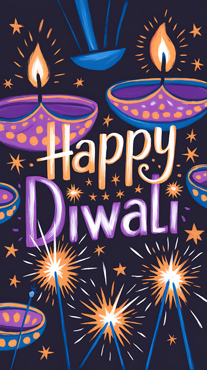 Hand Drawn Diwali Greeting Card with Diyas and Sparklers