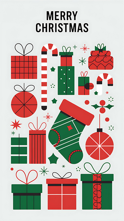 Merry Christmas Card with Gifts, Stocking, and Candy Canes
