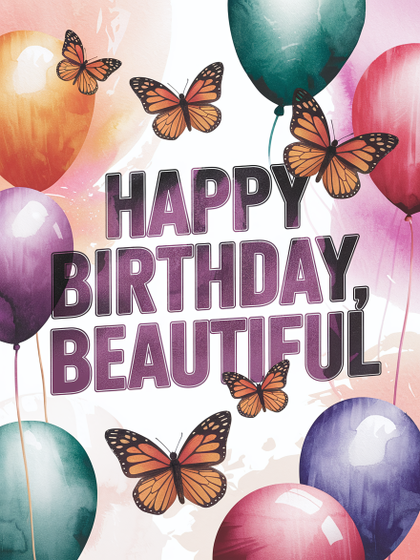 Watercolor Birthday Card with Butterflies and Balloons