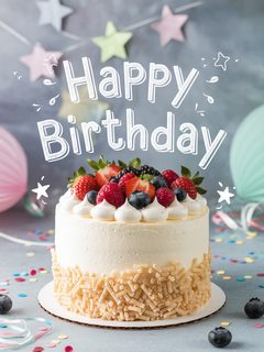 Birthday Cake with Mixed Berries and Pastel Star Ornaments