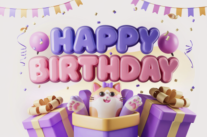 3D Rendered Happy Birthday with a Cat Surprise