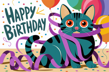 Happy Birthday Cat with Confetti and Balloons