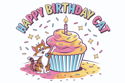 Happy Birthday Cat Cupcake Illustration