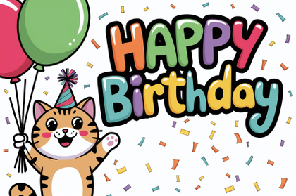 Cute Cat Holding Balloons Says Happy Birthday